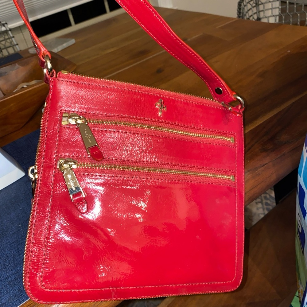 COLE HAAN Sheila Bright Red Patent Leather Crossbody Purse Handbag Expandable